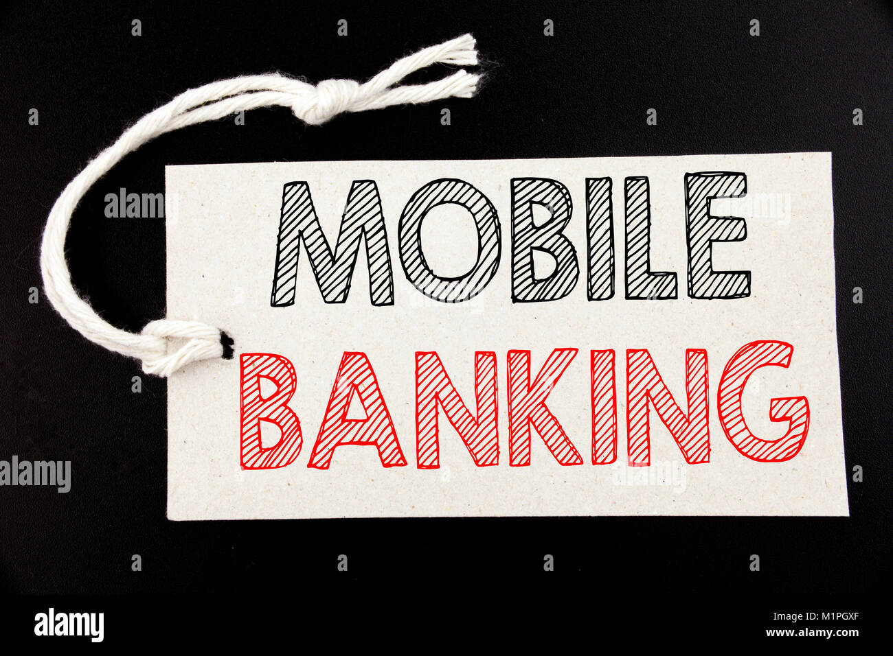 Handwritten text caption showing Mobile Banking. Business concept