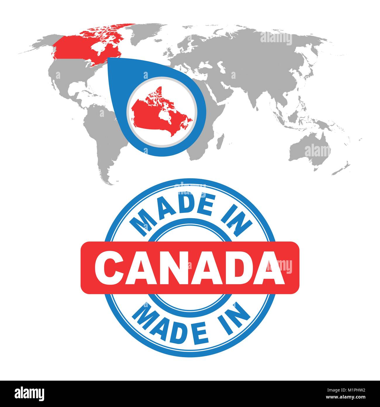 Made in Canada stamp. World map with red country. Vector emblem in flat style on white background. Stock Vector