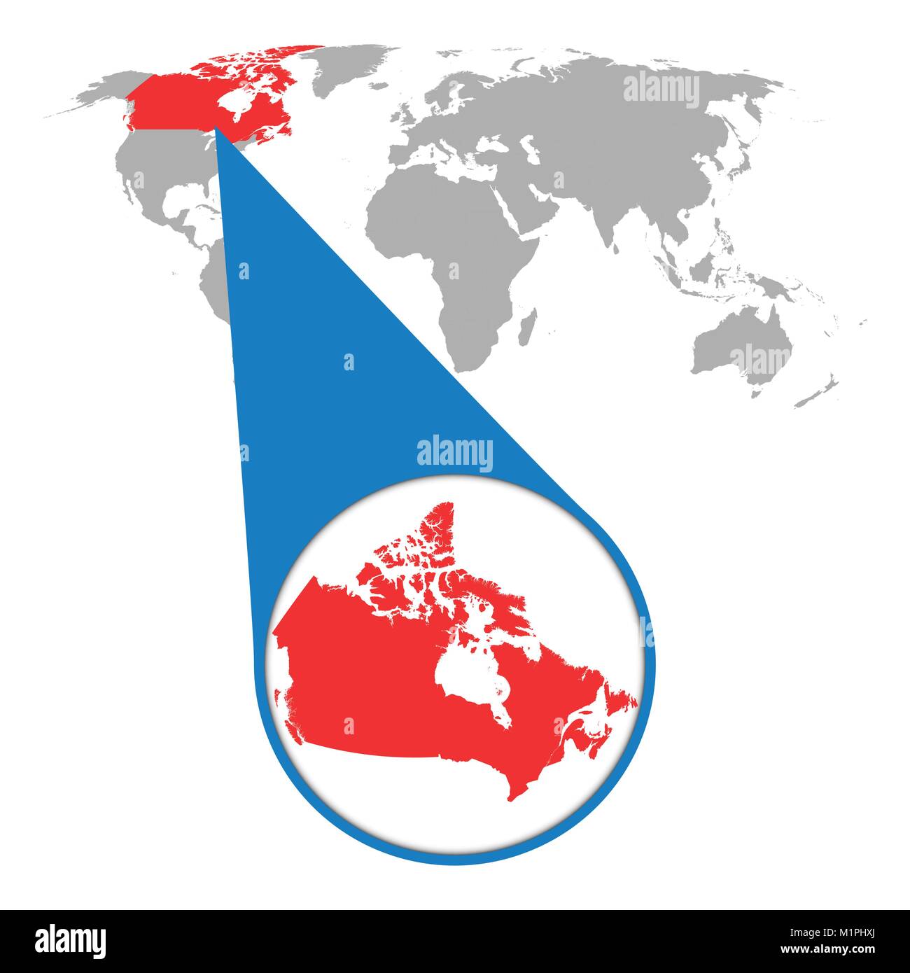 World map with zoom on Canada. Map in loupe. Vector illustration in flat style Stock Vector