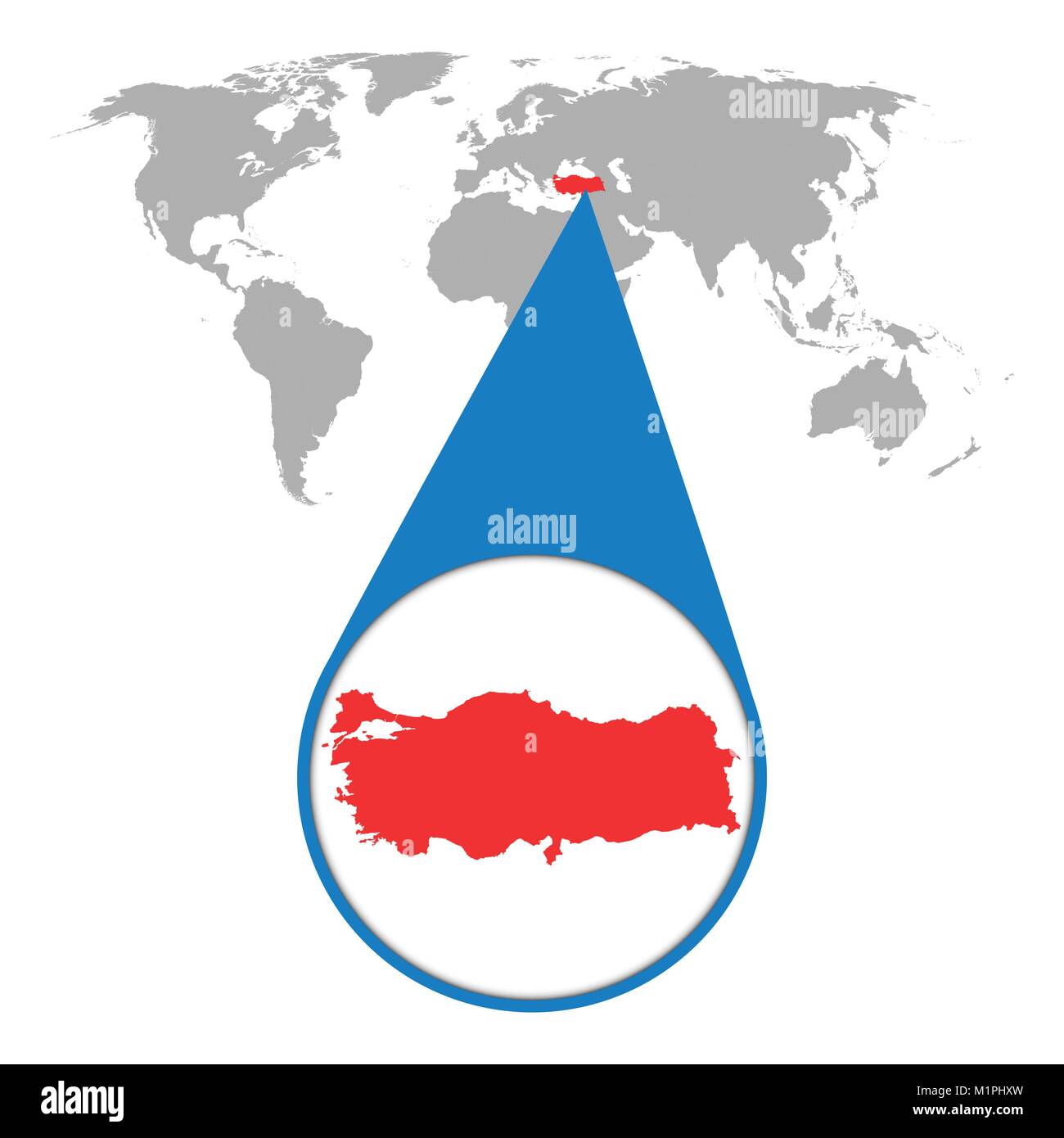 World map with zoom on Turkey. Map in loupe. Vector illustration in flat style Stock Vector