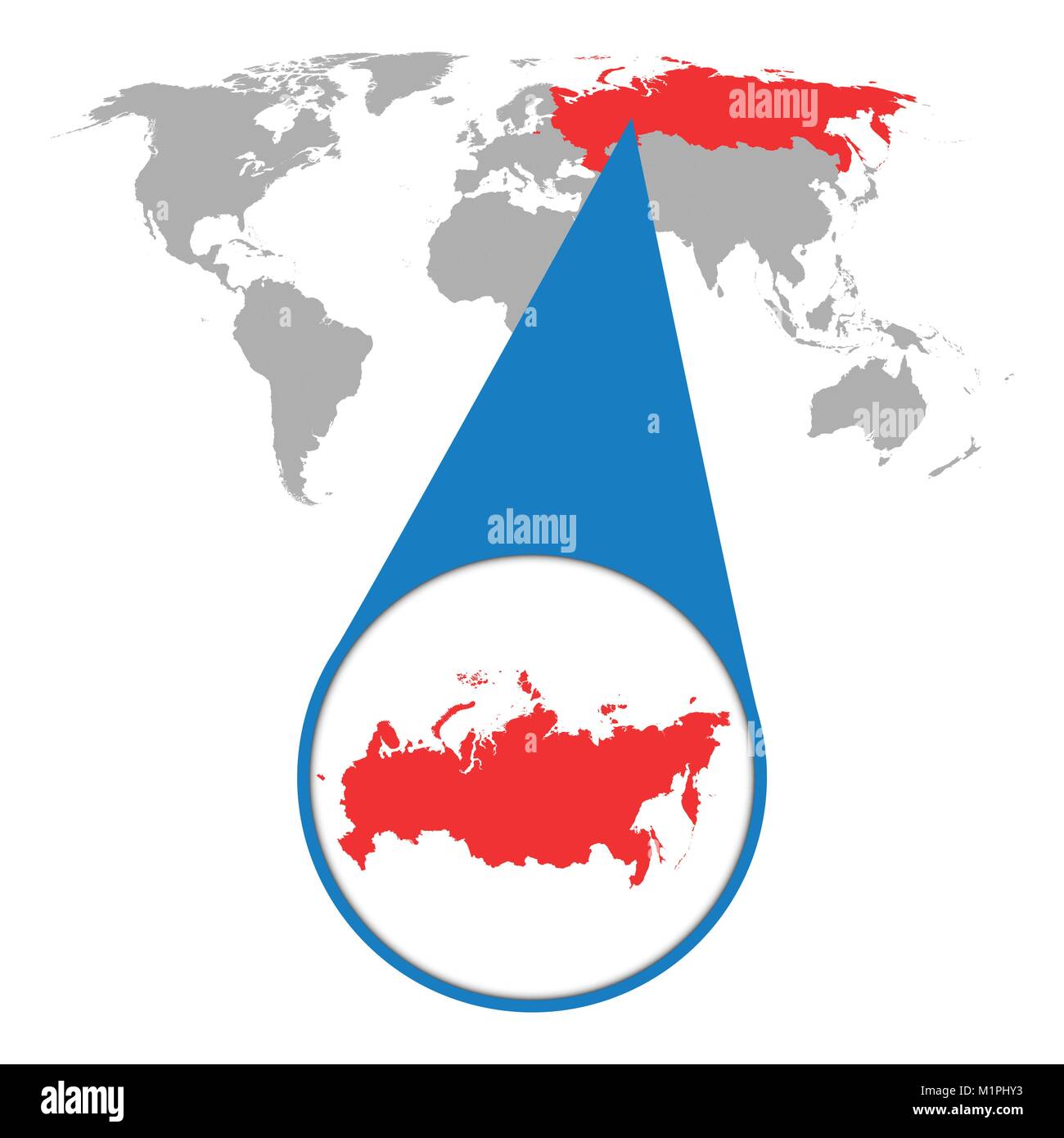 World map with zoom on russia russian federation map in loupe vector