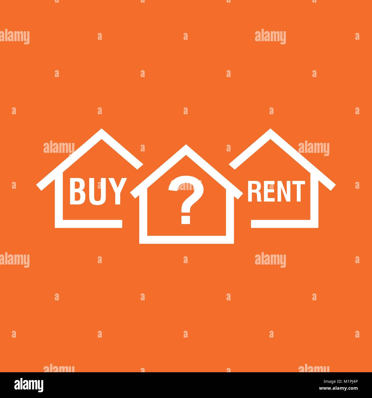 Buy or rent house. White home symbol with the question. Vector illustration in flat style on colourful orange background. Stock Vector
