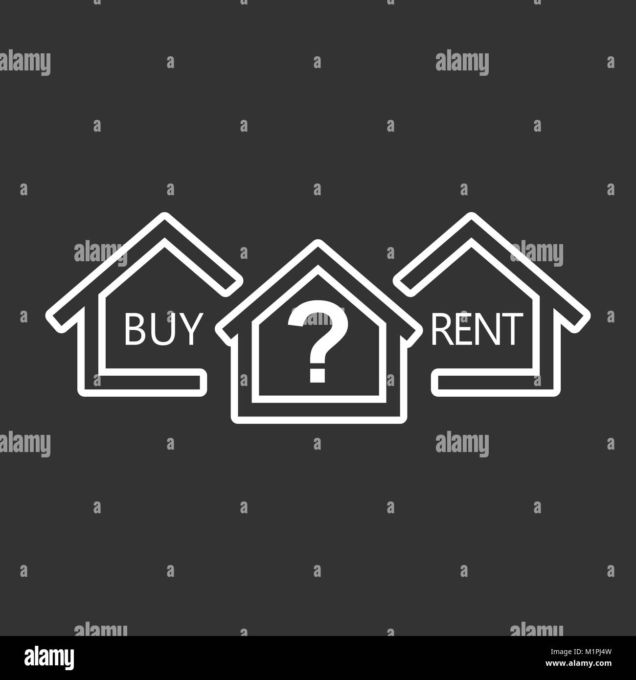 Concept of choice between buying and renting house in line style. White home icon with the question. Vector illustration in flat style on black backgr Stock Vector