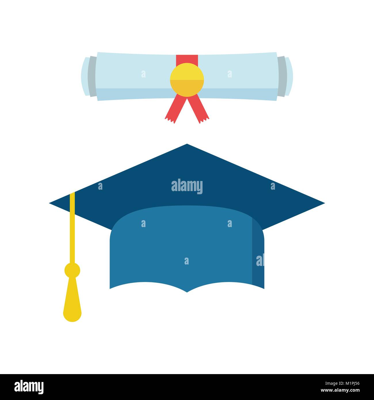 Graduation cap and diploma scroll icon vector illustration in flat ...