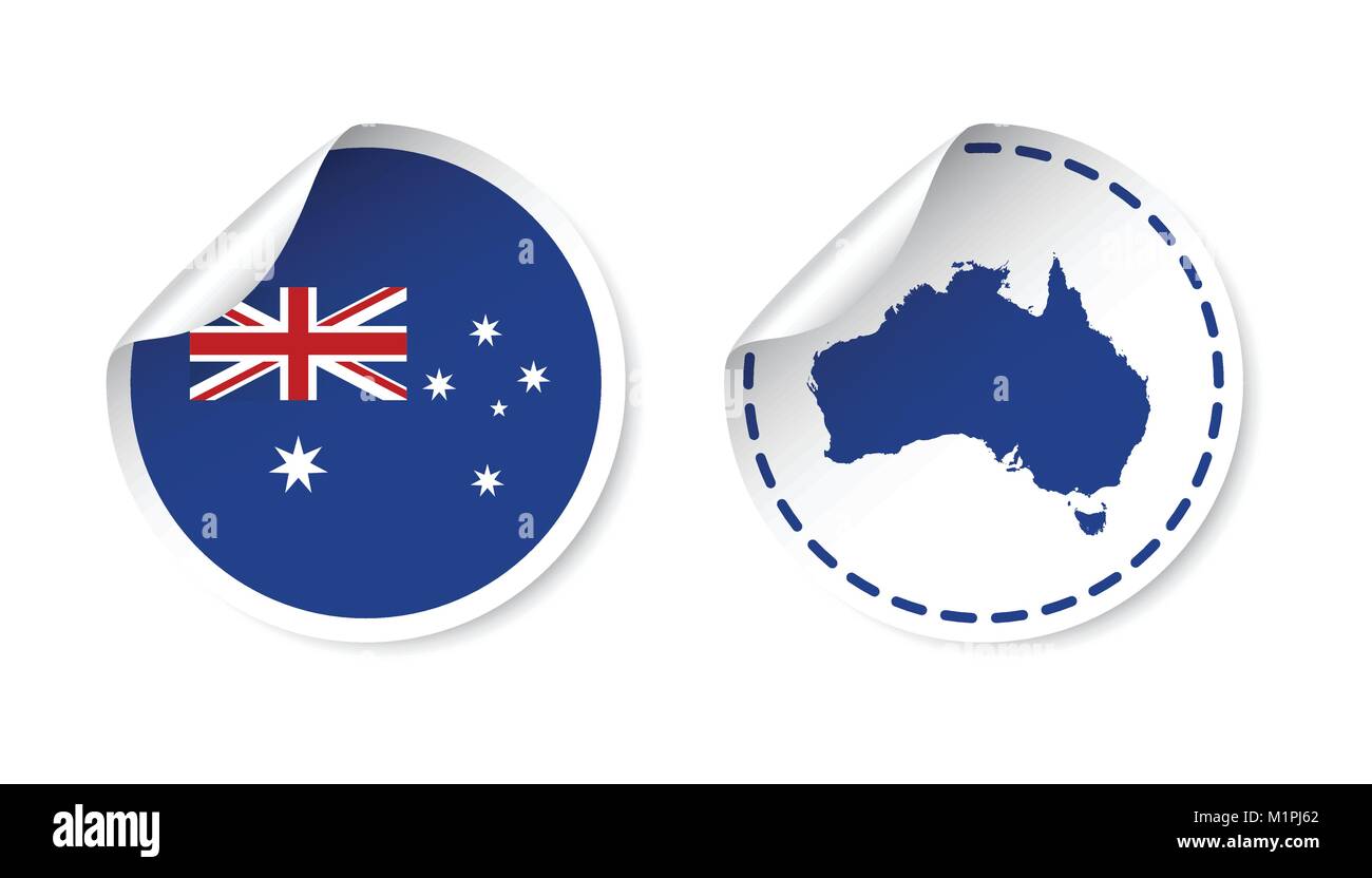Australia sticker with flag and map. Label, round tag with country