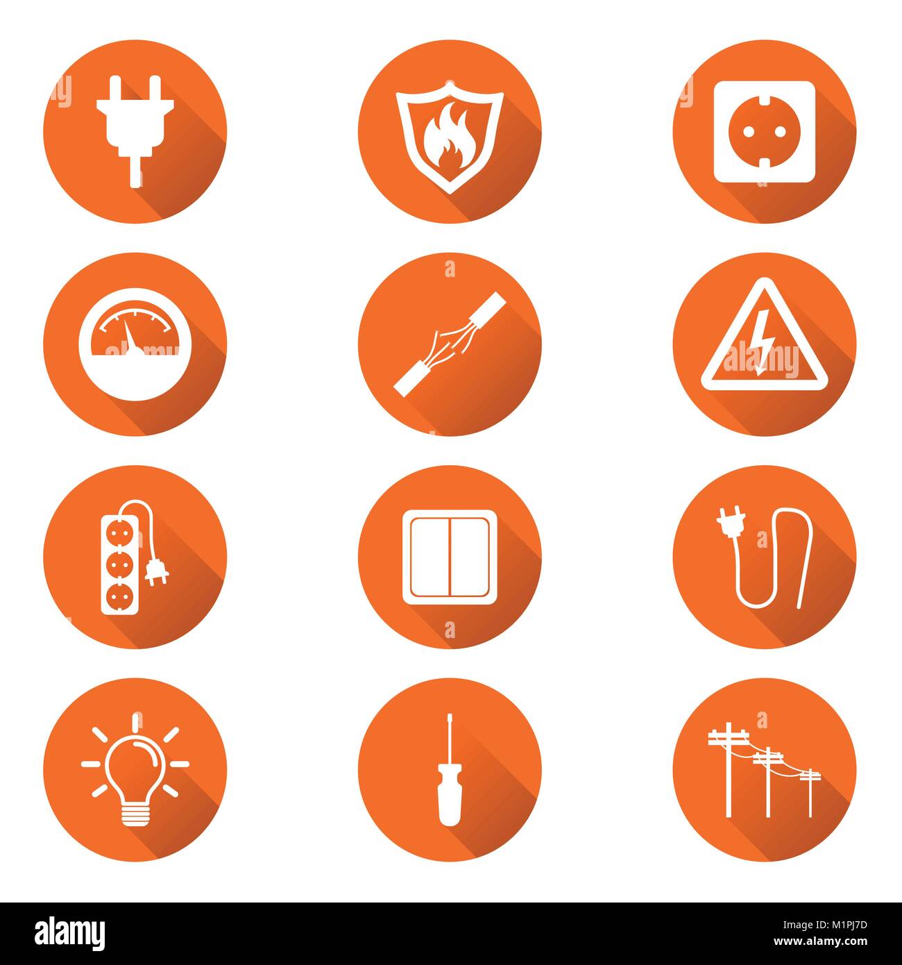 Electricity icon. Vector illustration in flat style on orange circle background with shadow. Stock Vector