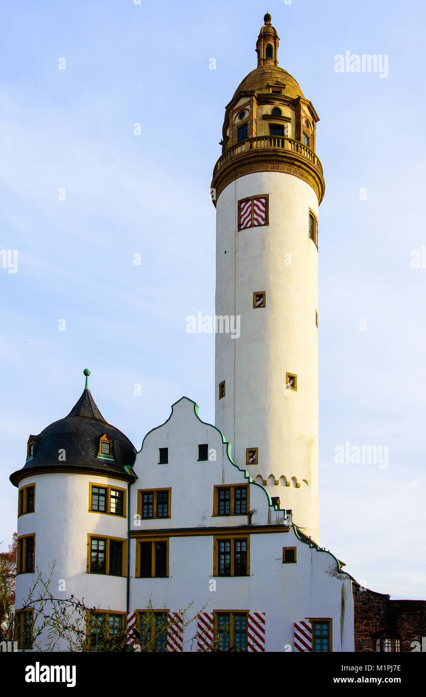 Color outdoor image of historical castle tower, Frankfurt Hoechst