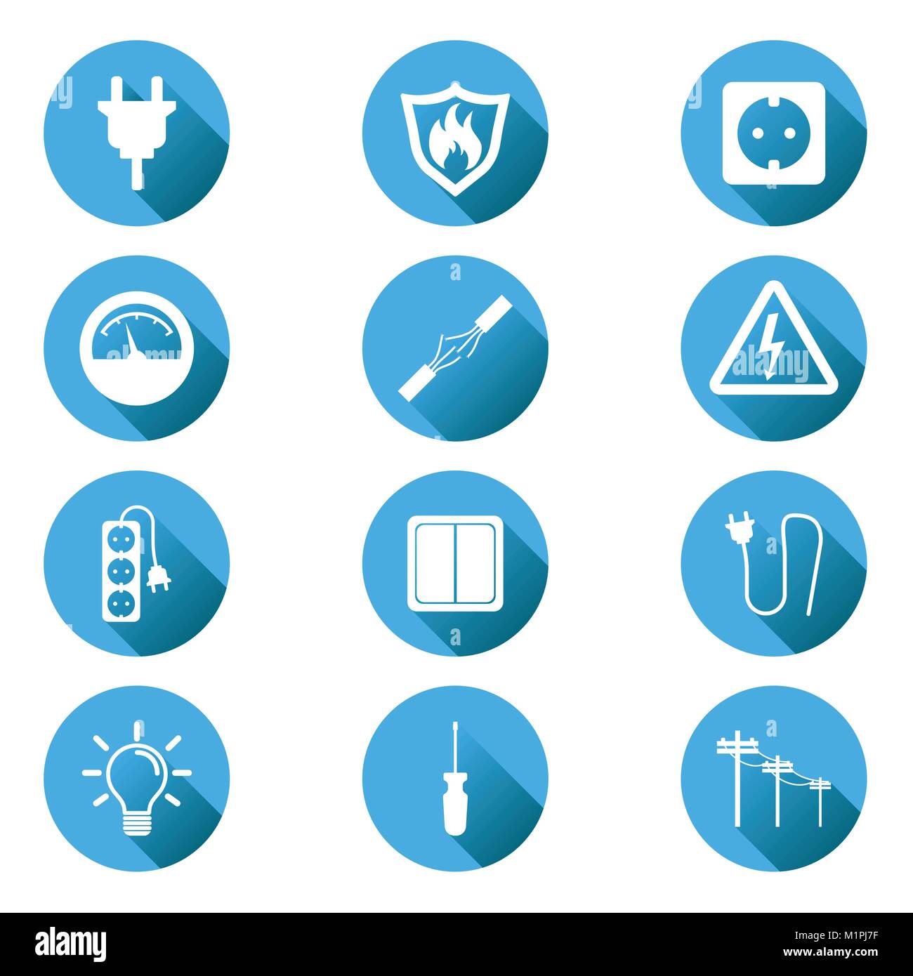 Electricity icon. Vector illustration in flat style on blue circle background with shadow. Stock Vector