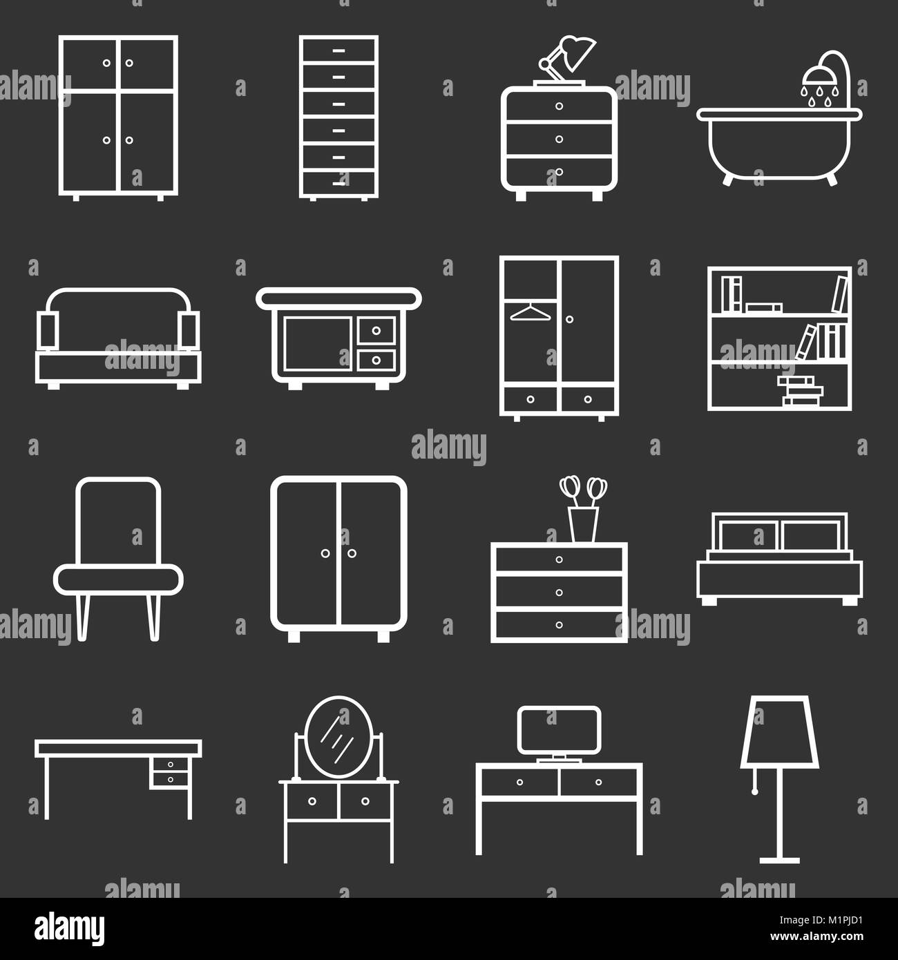 Furniture icons set. Flat vector illustration on black background
