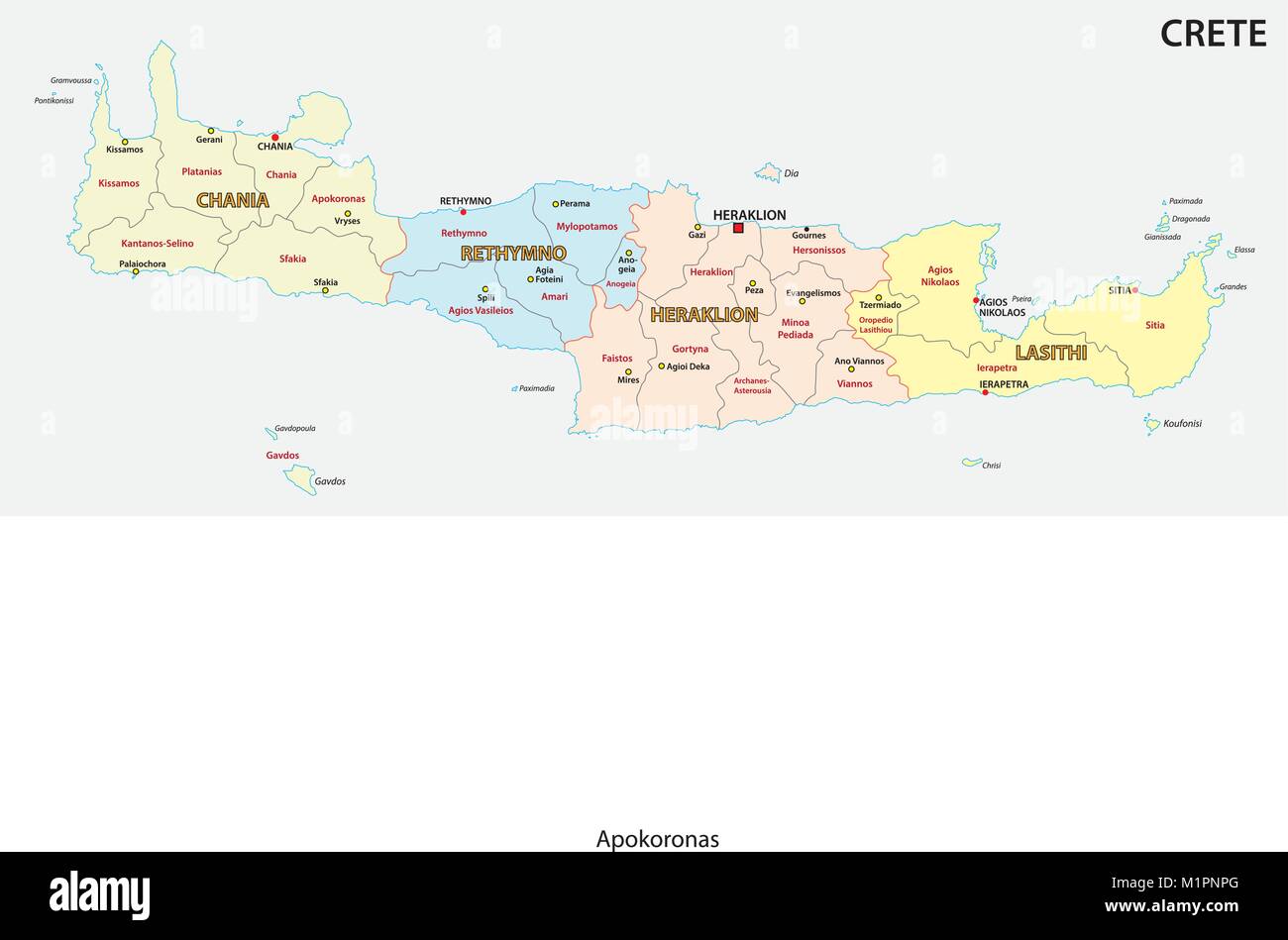 administrative and political vector map of greek mediterranean island crete Stock Vector