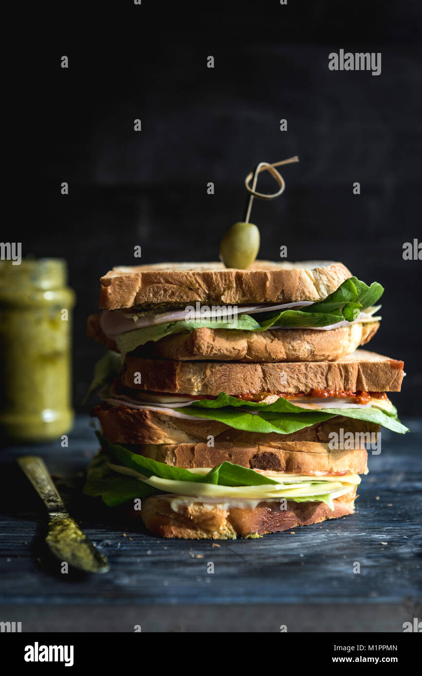 Toast sandwich with pesto and ham,selective focus Stock Photo Alamy