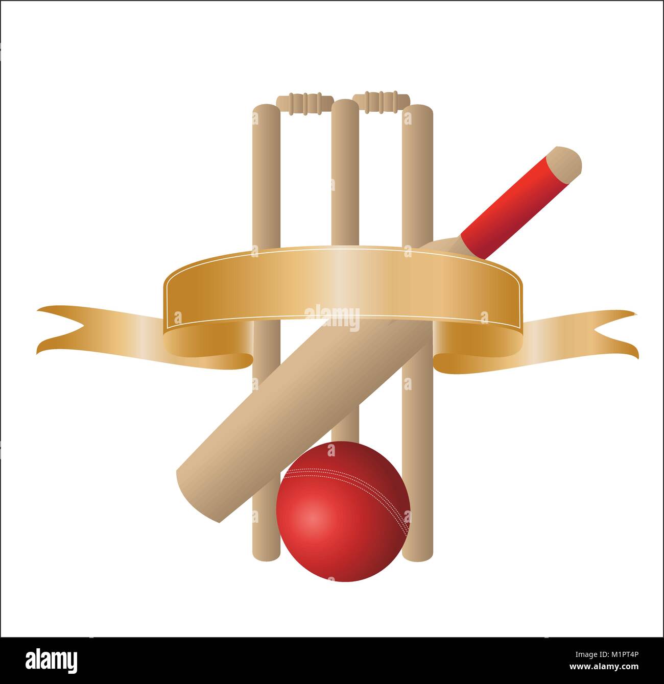 Wikets Vector illustration of one cricket bat with wickets and a blank gold banner on ...