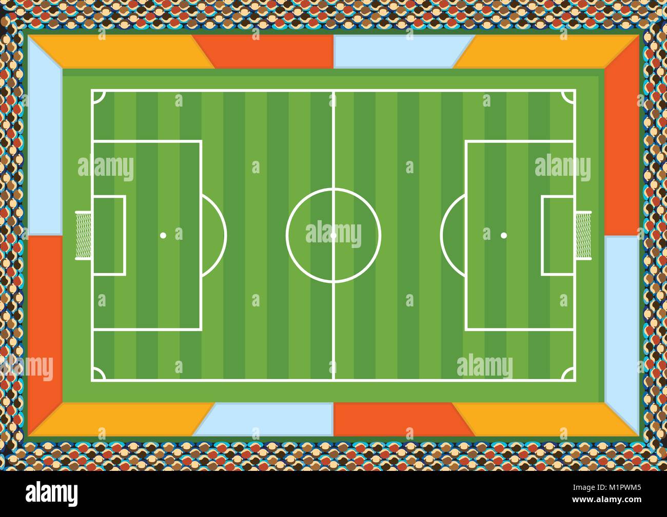Aerial view of a soccer field drawn with white line on a green ...