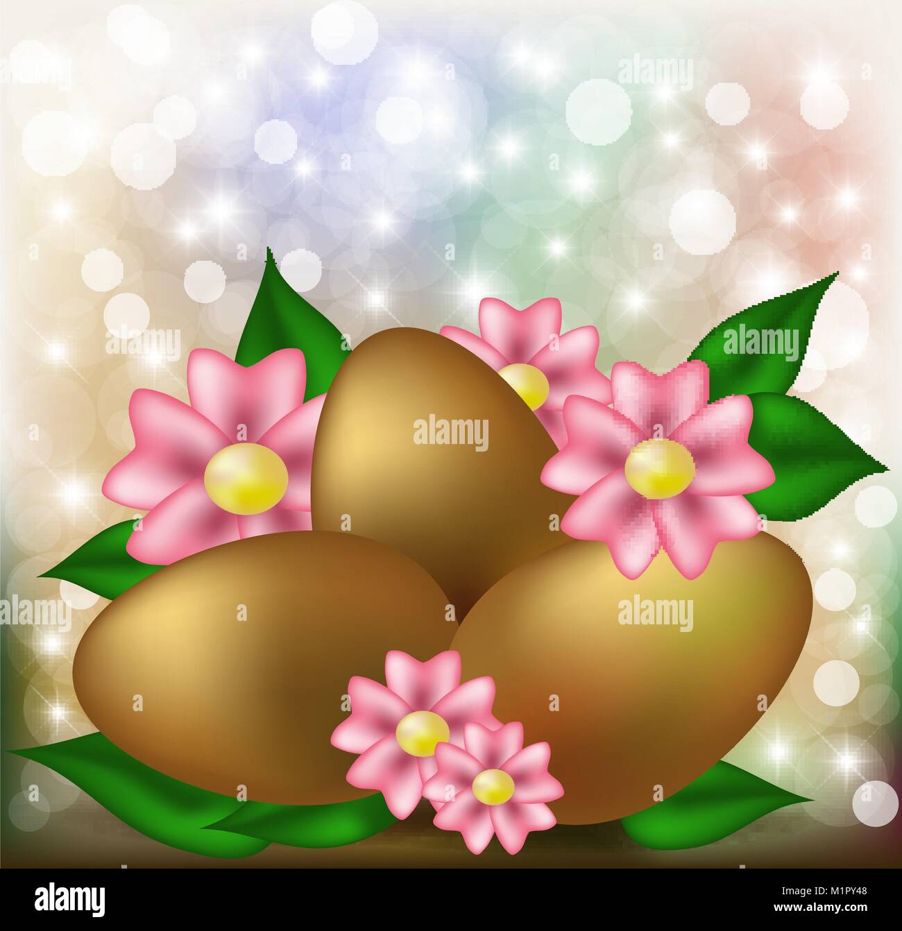 Easter card with golden eggs and flowers, vector illustration Stock ...