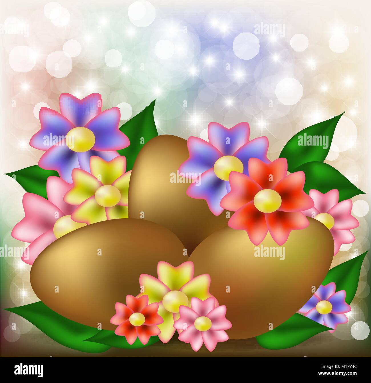 Easter card with golden eggs and flowers, vector illustration Stock ...