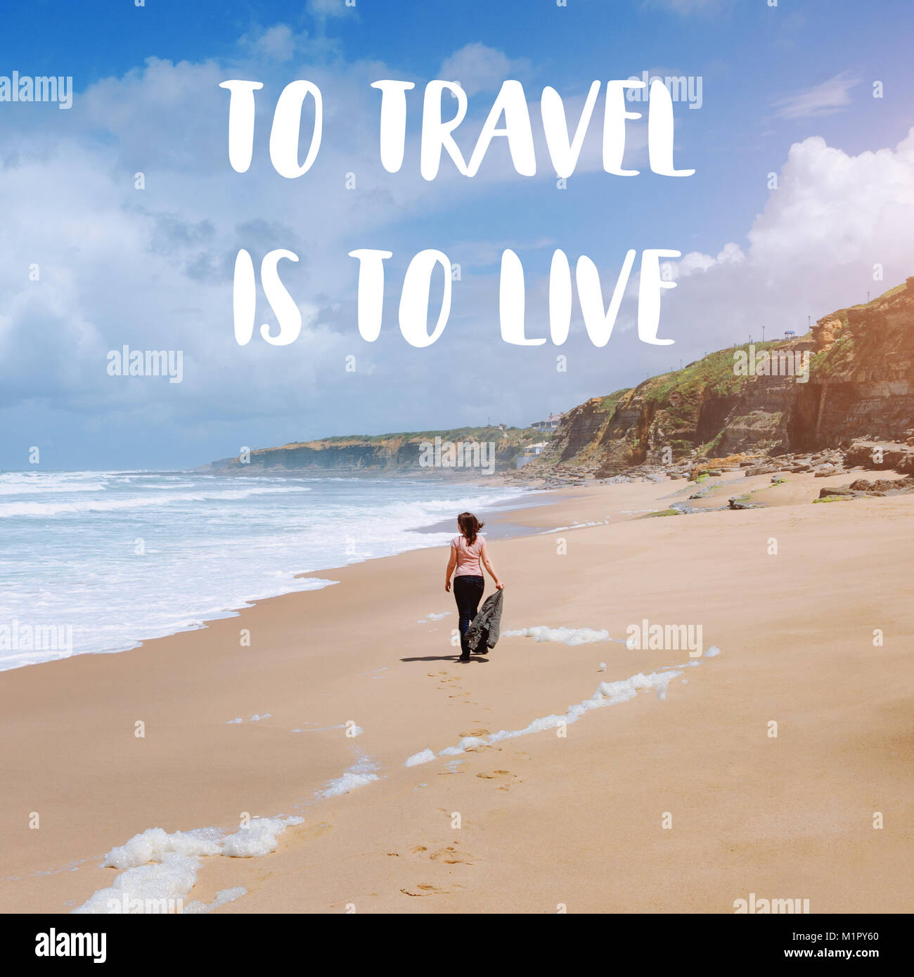 Travel quote, words To Travel Is To Live. Summer vacation happiness carefree joyful woman standing on sand enjoying tropical beach. Lonely traveler on Stock Photo