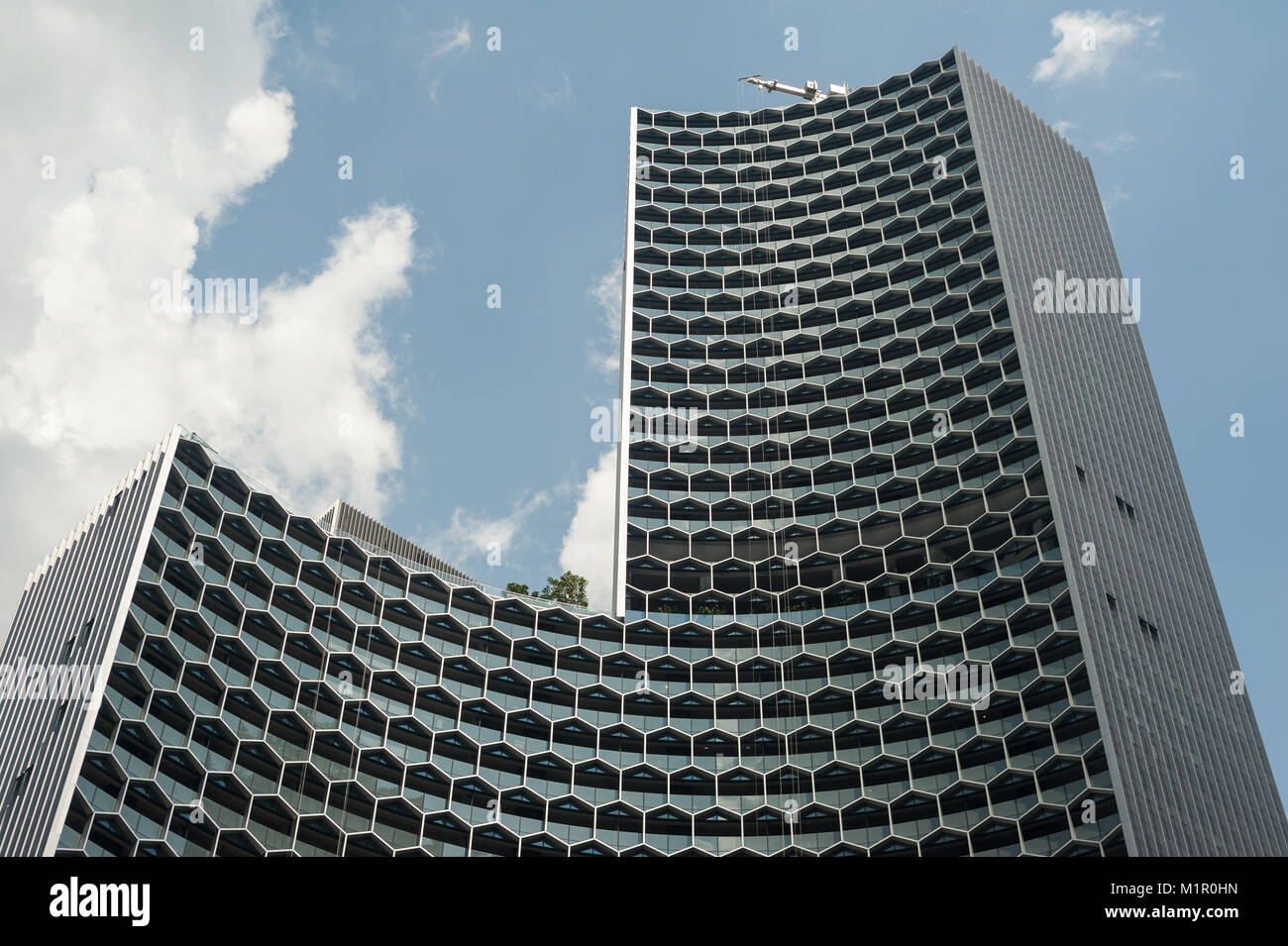31.01.2018, Singapore, Republic of Singapore, Asia - A view of one of the DUO towers designed by the German architect Ole Scheeren. Stock Photo
