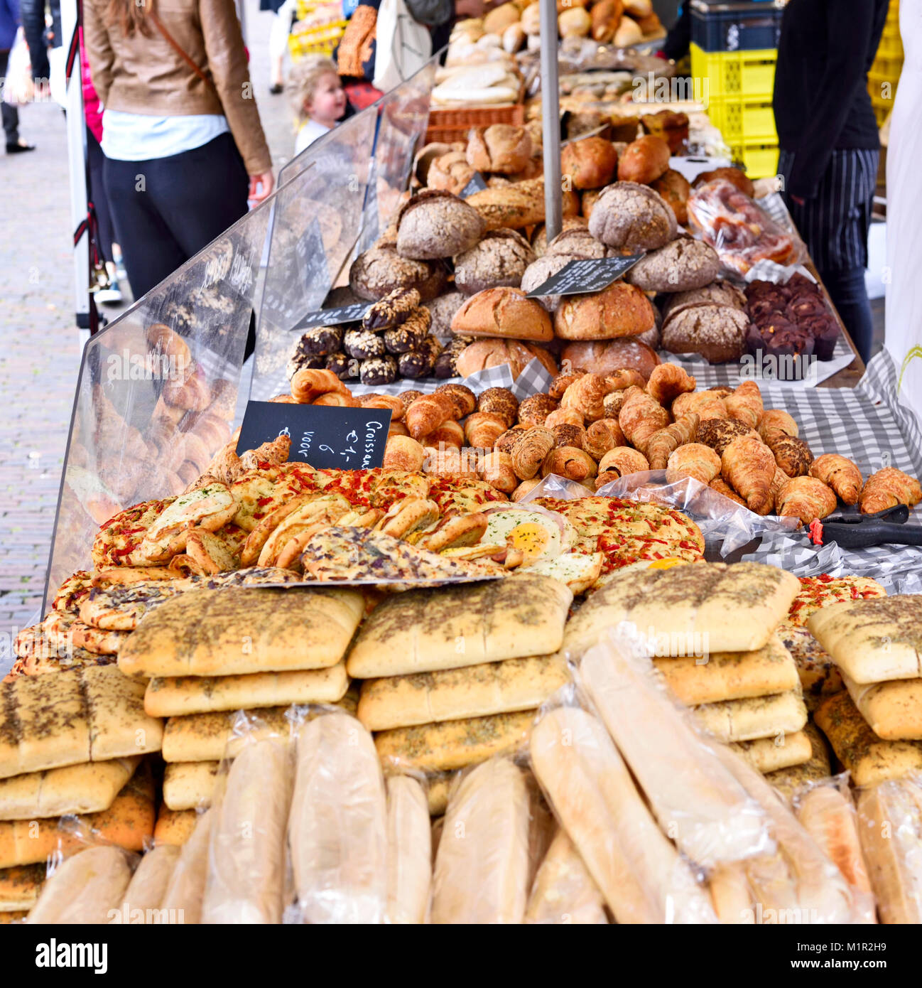 bakery or bread market stall. Fresh baked goods on a street market. Stock Photo