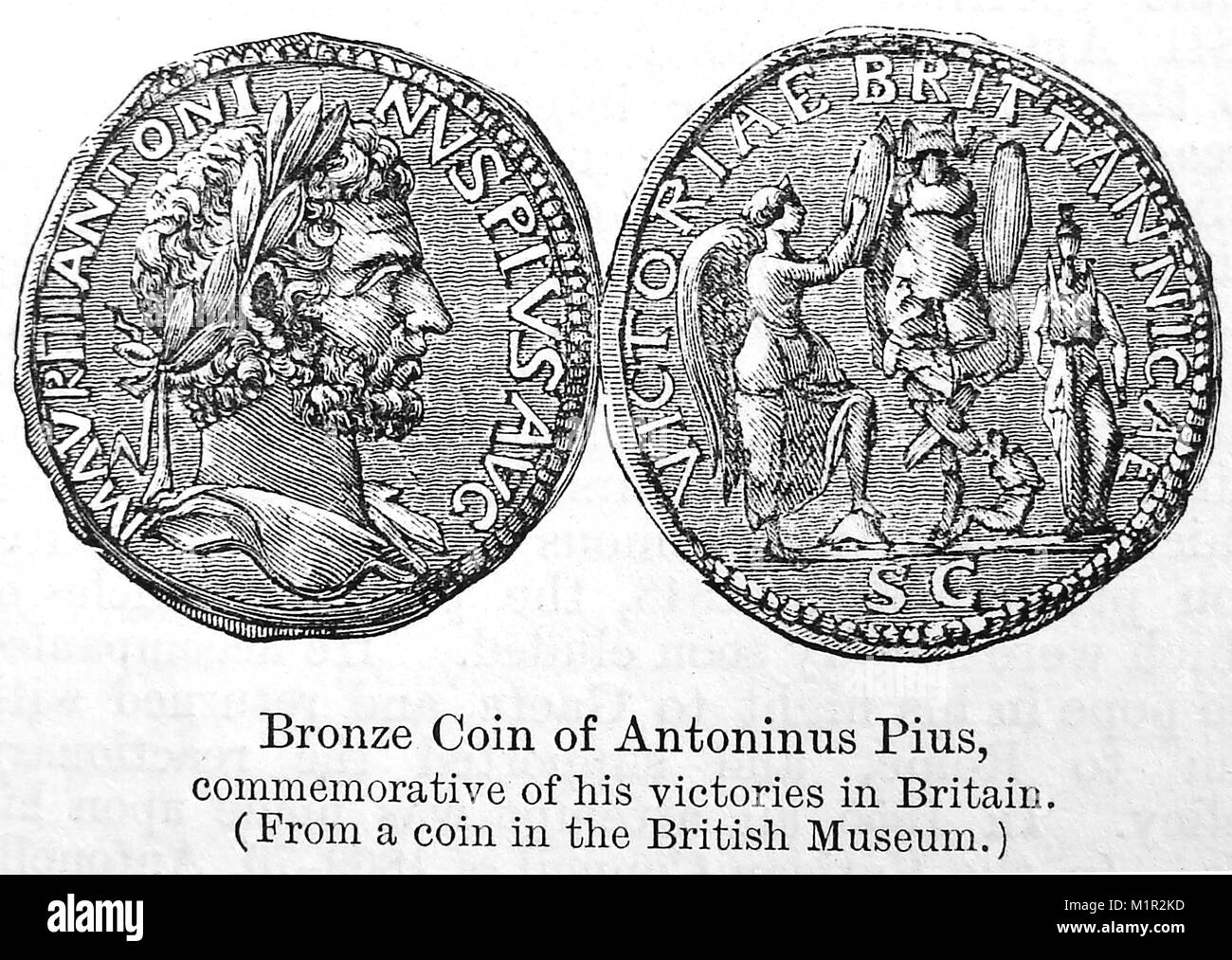 An 1889 illustration from Chamber's Encyclopedia -Illustration of a Roman Coin of Antoninus Pius (Imperator Caesar) to commemorate British Victories. He is noted for building the Antonine Wall between England and Scotland and was proconsul of Asia Stock Photo