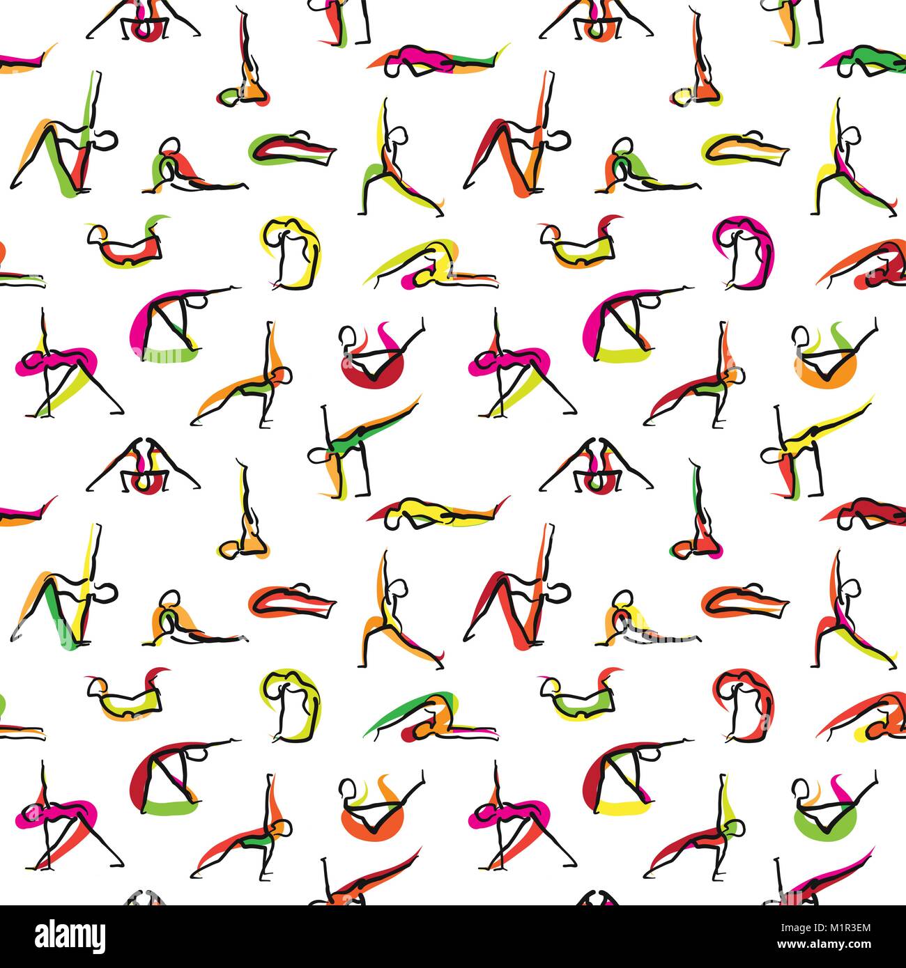 Yoga seamless wallpaper pattern, hand drawn sketches with colored swipe on white backgound. Vector art. Stock Vector