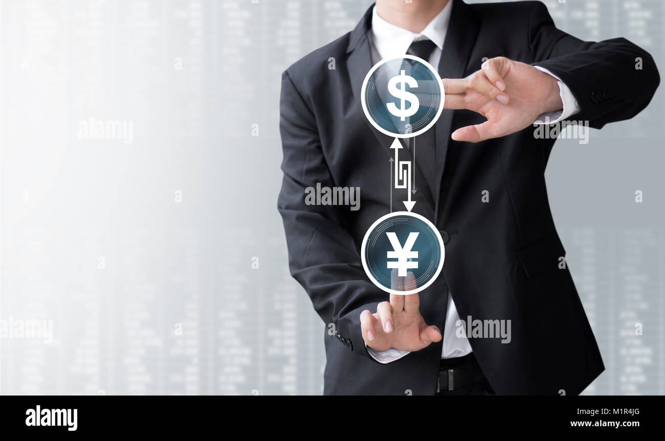 business man show currency converter or exchange Dollar and Japan Yen, money for investment