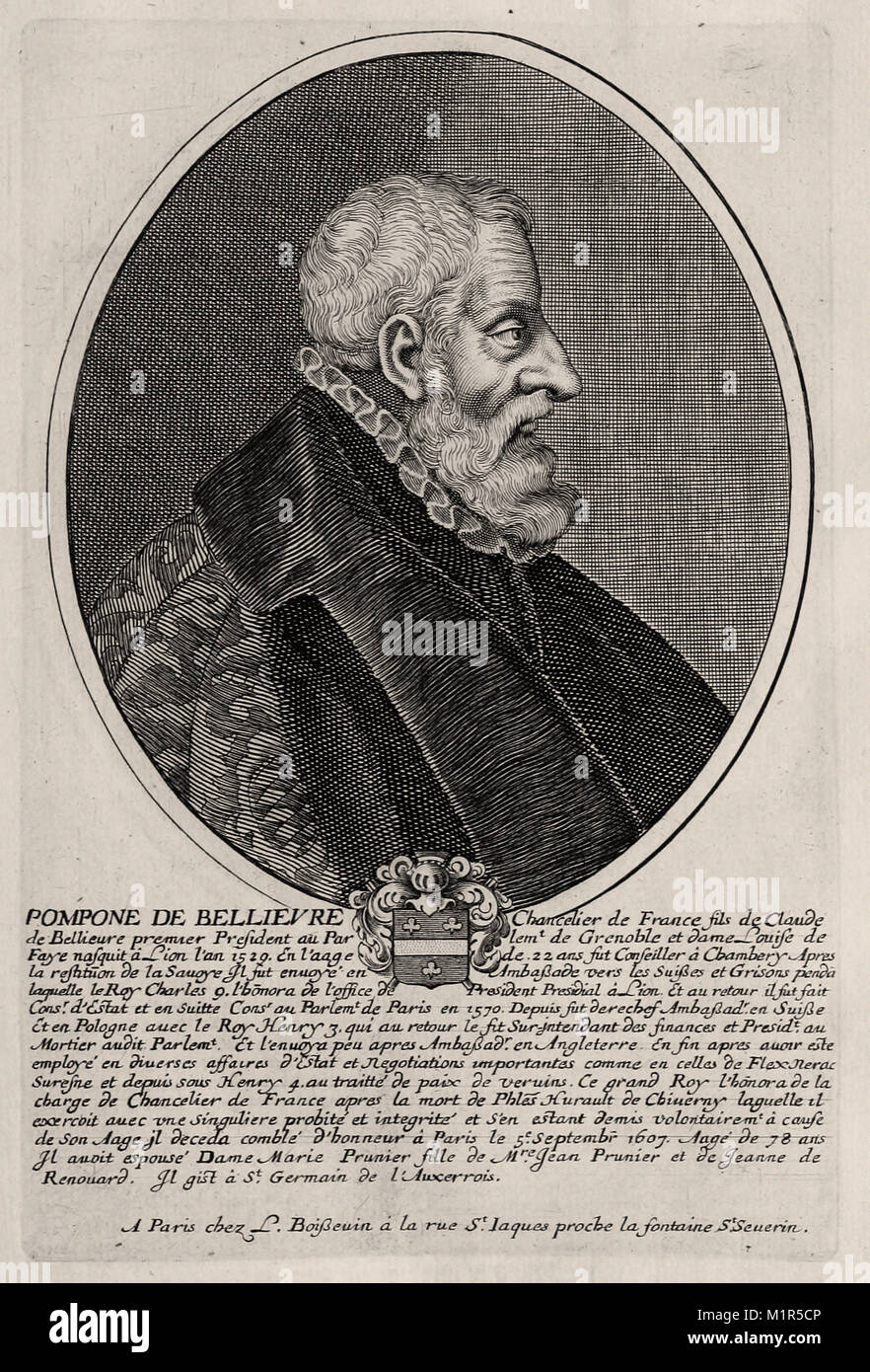 Portrait of Pompone de Bellievre - French engraving 17th century Stock ...