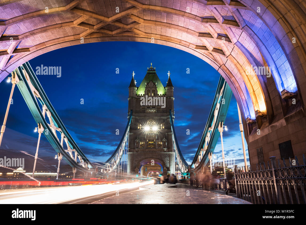 Light Trails On Tower Bridge In London At Night Stock Photo - Alamy