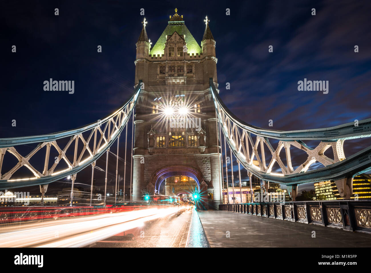 Light Trails On Tower Bridge In London At Night Stock Photo - Alamy