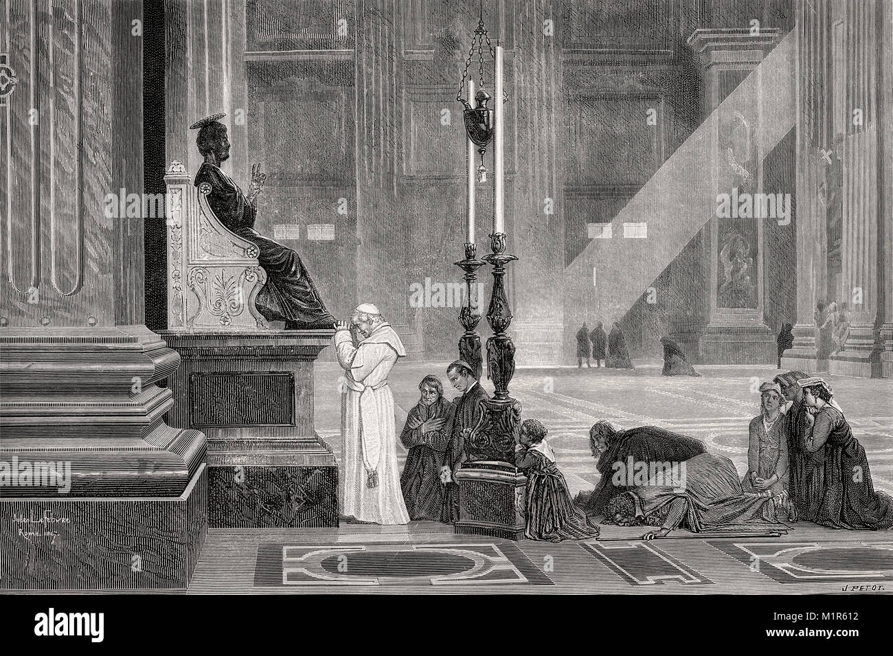 Pope Pius IX at bronze statue of Saint Peter, St. Peter's Basilica, Vatican, Rome, Italy, 19th Century Stock Photo