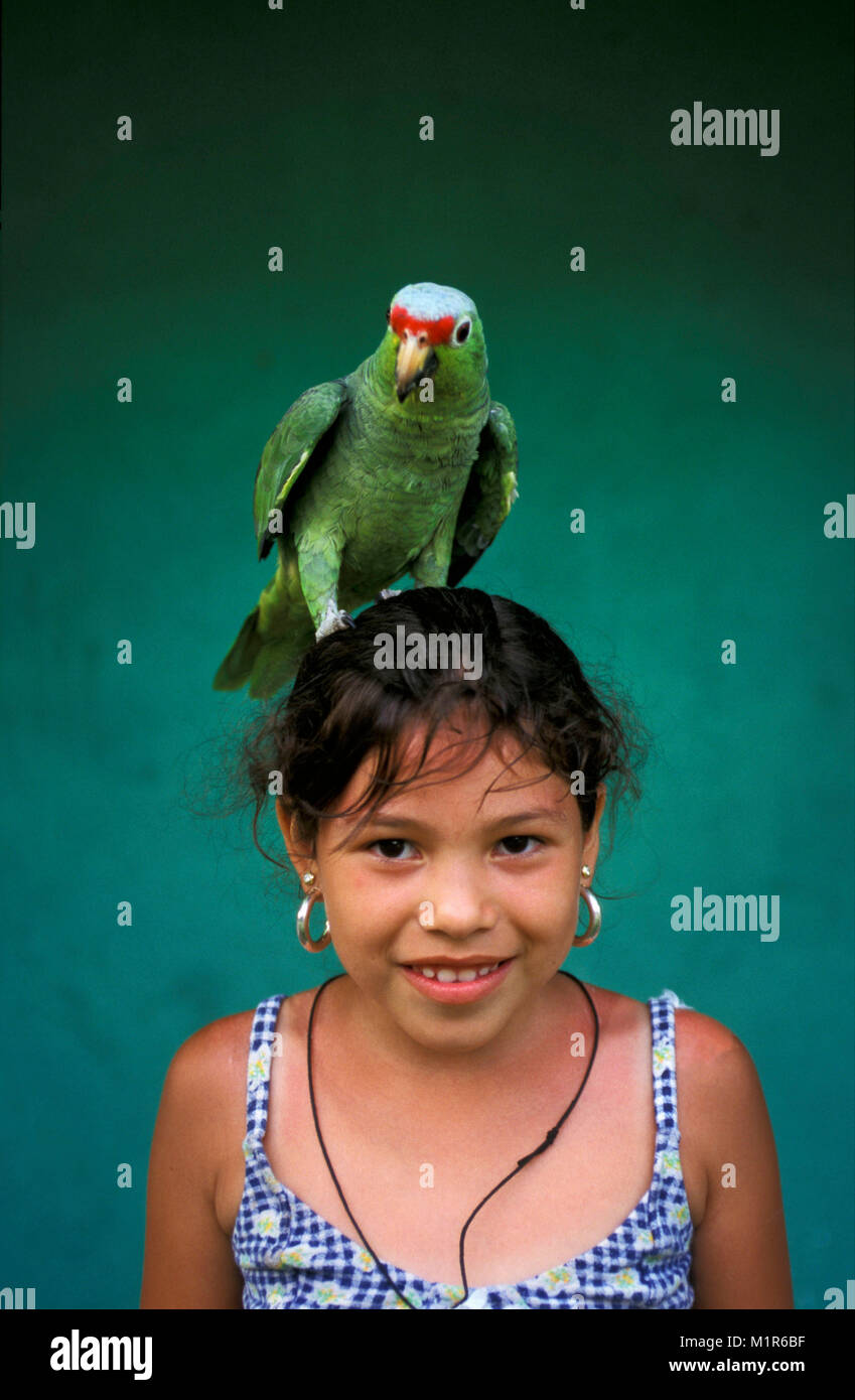 Costa Rica. Fortuna. Girl with parrot perched on head, smiling. Stock Photo
