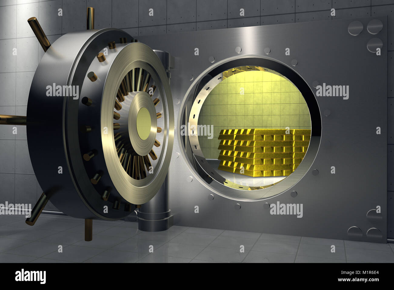 3D render of a bank vault with stack of gold bars inside Stock Photo