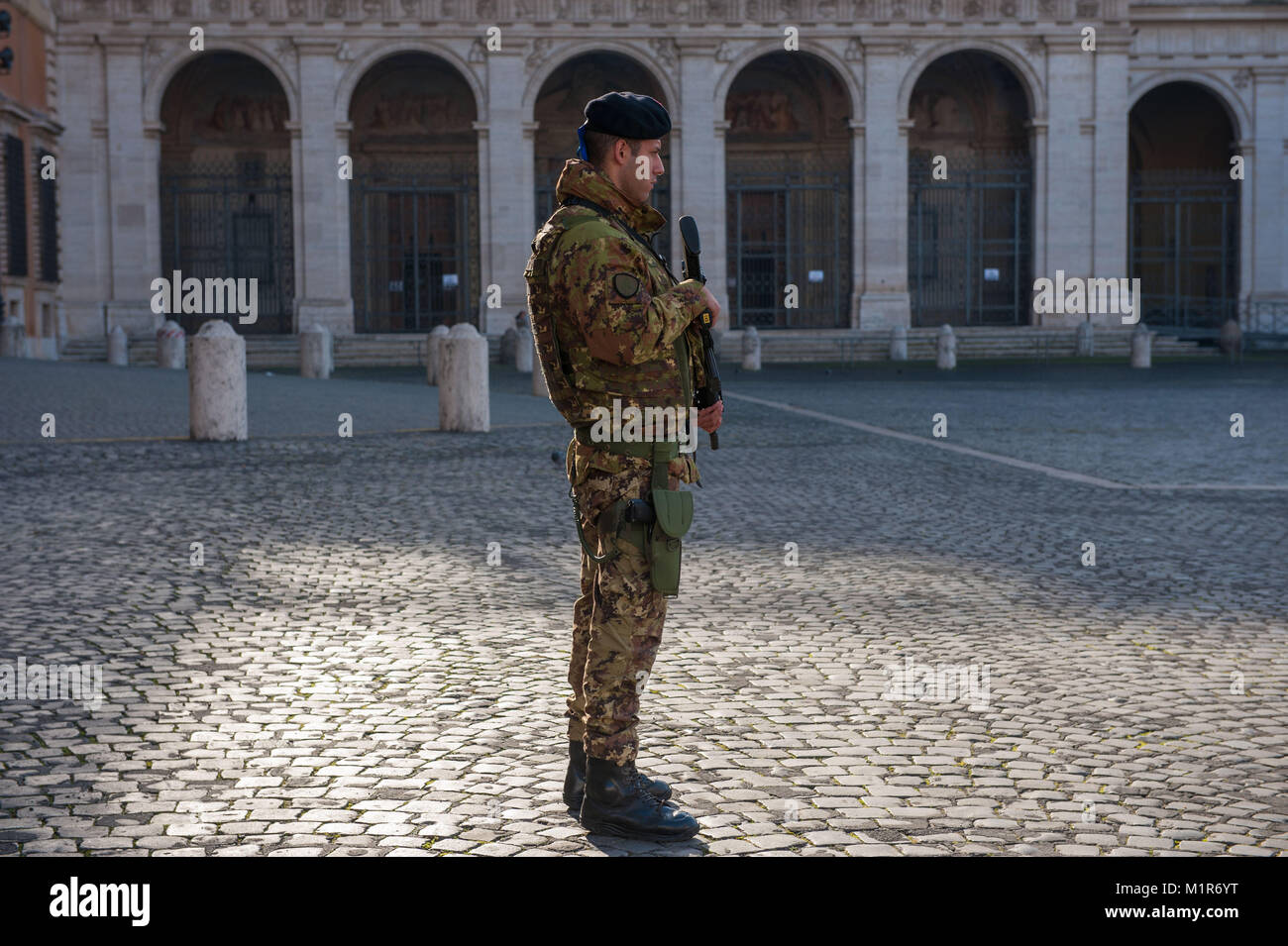 Rome. Italy. The army in service of anti-terrorism security patrol the Saint John Lateran Basilica. Stock Photo