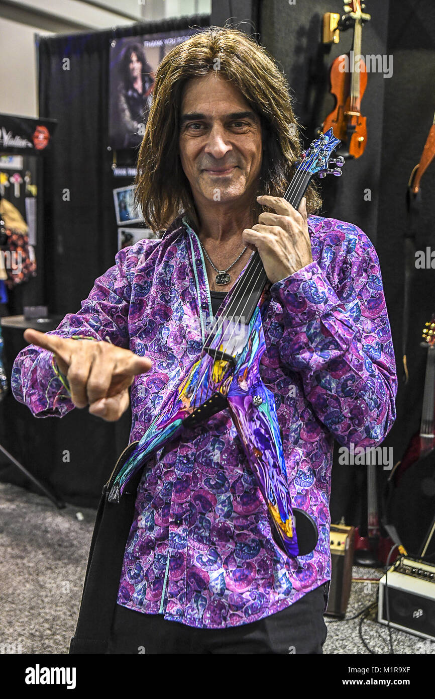 Anaheim, CA, USA. 25th Jan, 2018. Mark Wood, Rock Violinist at the Wood  Violins Booth The 2018 Annual NAMM Show, the global business convention for  the music industry at the 2018 Annual