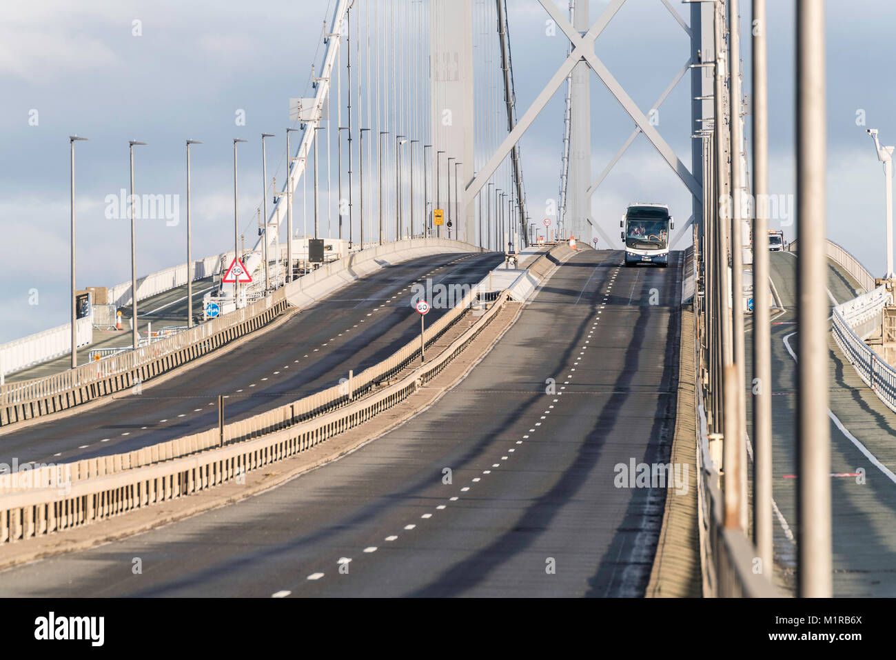 South Queensferry, Scotland, UK. 1st Feb, 2018. The Forth Road Bridge opened today as a dedicated public transport corridor giving bus and taxi passengers a direct and dedicated route towards Edinburgh. The reopened bridge also marks the launch of a new campaign, Fife in the Fast Lane , promoting public transport in Fife. Traffic flows  in the morning rush-hour was very low with the bridge appearing empty for long periods of time. Credit: Iain Masterton/Alamy Live News Stock Photo