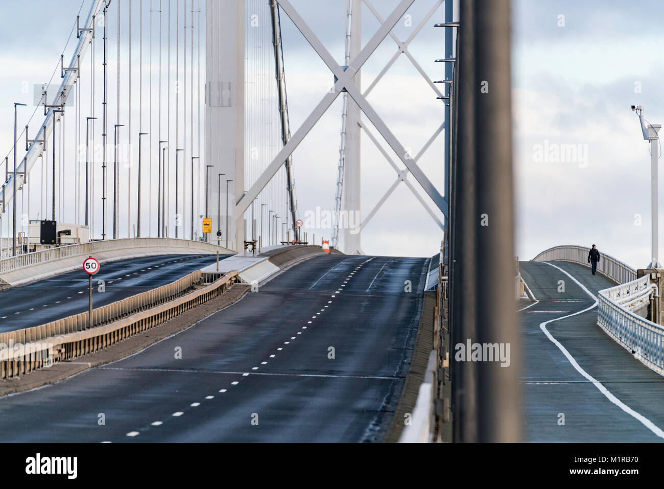 South Queensferry, Scotland, UK. 1st Feb, 2018. The Forth Road Bridge opened today as a dedicated public transport corridor giving bus and taxi passengers a direct and dedicated route towards Edinburgh. The reopened bridge also marks the launch of a new campaign, Fife in the Fast Lane , promoting public transport in Fife. Traffic flows  in the morning rush-hour was very low with the bridge appearing empty for long periods of time. Credit: Iain Masterton/Alamy Live News Stock Photo