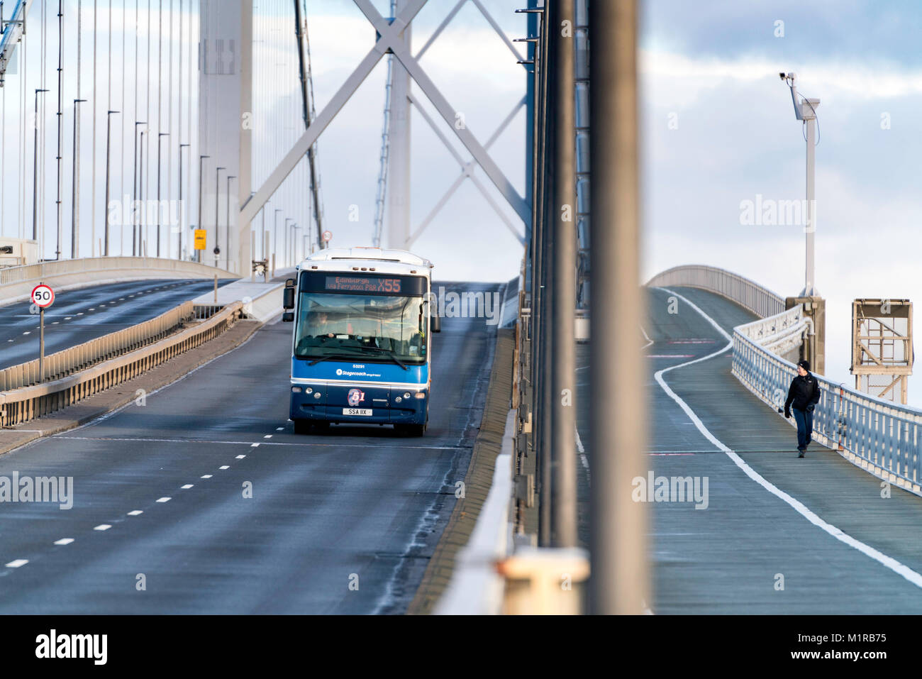 South Queensferry, Scotland, UK. 1st Feb, 2018. The Forth Road Bridge opened today as a dedicated public transport corridor giving bus and taxi passengers a direct and dedicated route towards Edinburgh. The reopened bridge also marks the launch of a new campaign, Fife in the Fast Lane , promoting public transport in Fife. Traffic flows  in the morning rush-hour was very low with the bridge appearing empty for long periods of time. Stock Photo