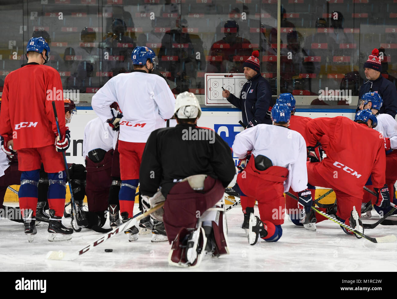 Prague, Czech Republic. 01st Feb, 2018. L-R (in the background) Josef Jandac and Jiri Kalous, coaches of the Czech ice hockey national team, lead a training session in Prague, Czech Republic, on Thursday, February 1, 2018, prior to the 2018 Winter Olympics in Pyeongchang, South Korea. Credit: Michal Krumphanzl/CTK Photo/Alamy Live News Stock Photo
