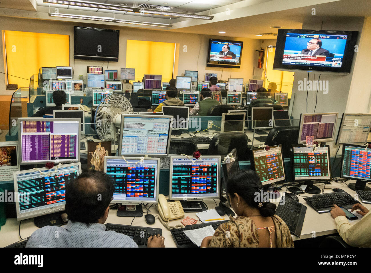 Kolkata, India. 1st Feb, 2018. Stock dealers work at a brokerage house in Kolkata, India, on Feb. 1, 2018. The Indian government on Thursday unveiled its budget for the financial year 2018-19, with a focus on agriculture, infrastructure and healthcare. Credit: Tumpa Mondal/Xinhua/Alamy Live News Stock Photo