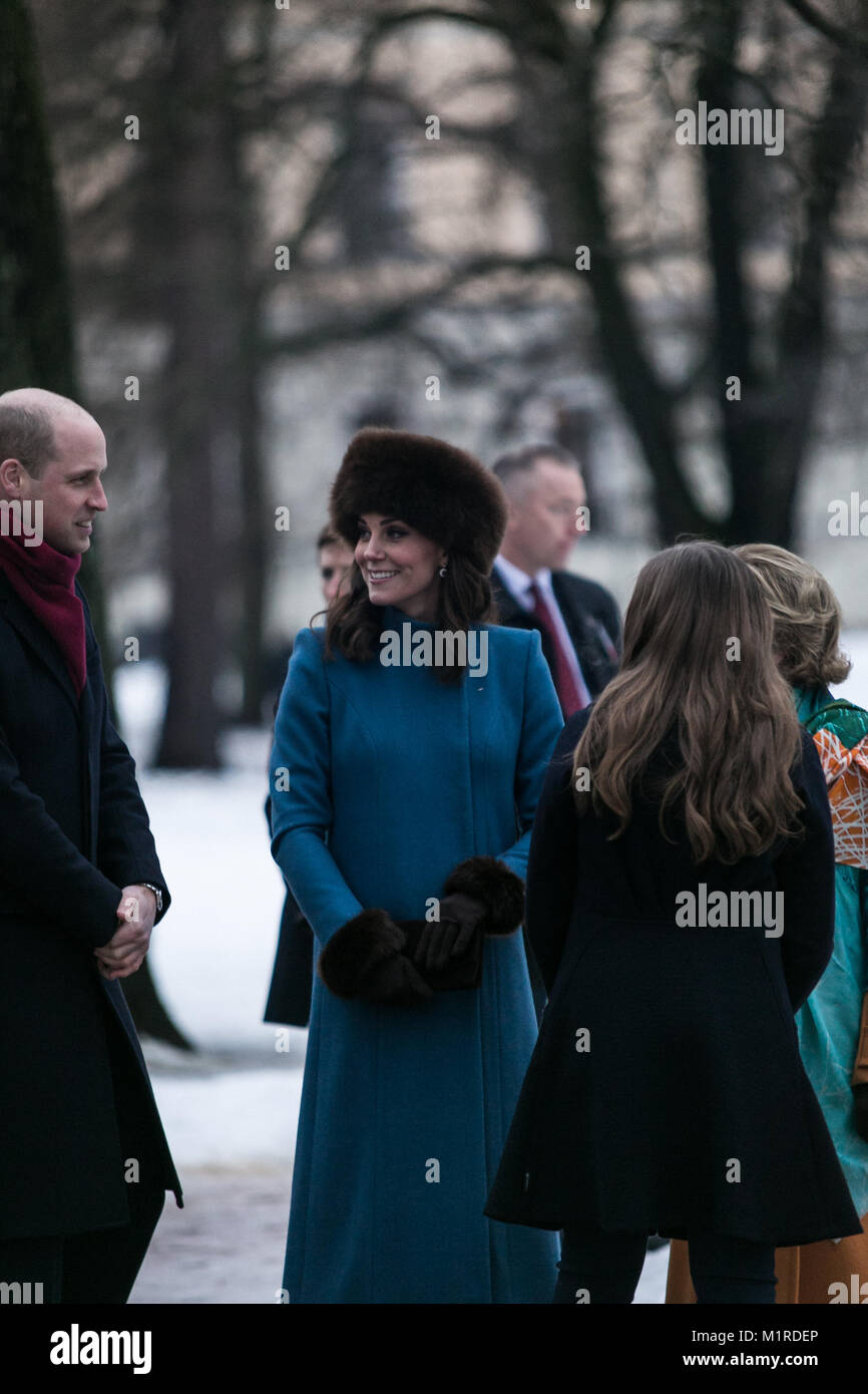 Oslo, Norway. 01st February, 2018. Their Royal Highnesses the Duke and Duchess of Cambridge visit the Princess Ingrid Alexandra Sculpture Park within the Palace Gardens in Oslo, Norway, accompanied by HM Queen Sonja of Norway and HRH Princess Ingrid Alexandra, as a part of their Tour of Norway 01st-02nd February. Credit: Gunvor Eline E. Jakobsen/Alamy Live News Stock Photo