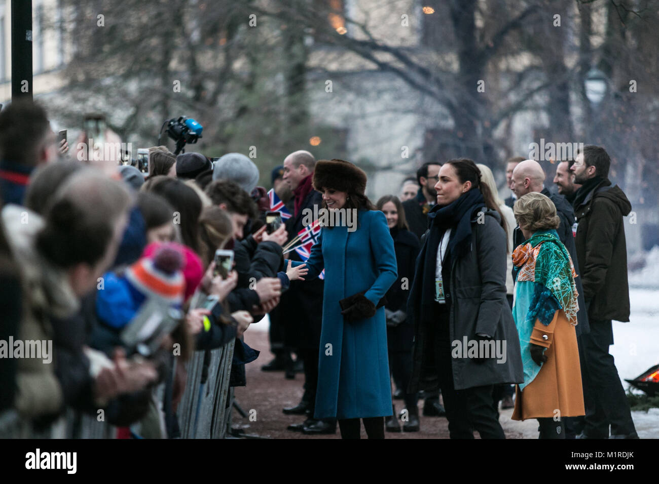 Oslo, Norway. 01st February, 2018. Their Royal Highnesses the Duke and Duchess of Cambridge visit the Princess Ingrid Alexandra Sculpture Park within the Palace Gardens in Oslo, Norway, accompanied by HM Queen Sonja of Norway and HRH Princess Ingrid Alexandra, as a part of their Tour of Norway 01st-02nd February. Credit: Gunvor Eline E. Jakobsen/Alamy Live News Stock Photo