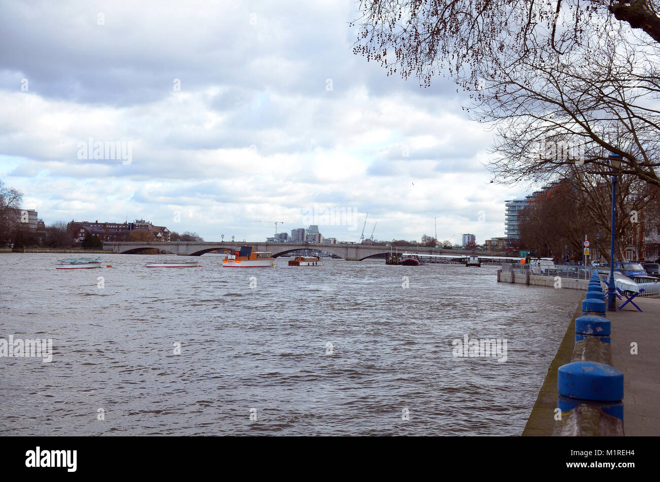 London, UK. 01st Feb, 2018. High tide in Putney as the Thames reaches it's limit. Credit: JOHNNY ARMSTEAD/Alamy Live News Stock Photo