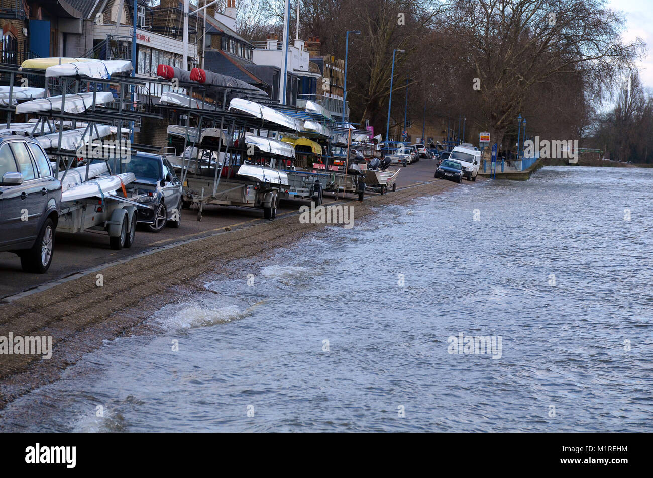 London, UK. 01st Feb, 2018. High tide in Putney as the Thames reaches it's limit. Credit: JOHNNY ARMSTEAD/Alamy Live News Stock Photo