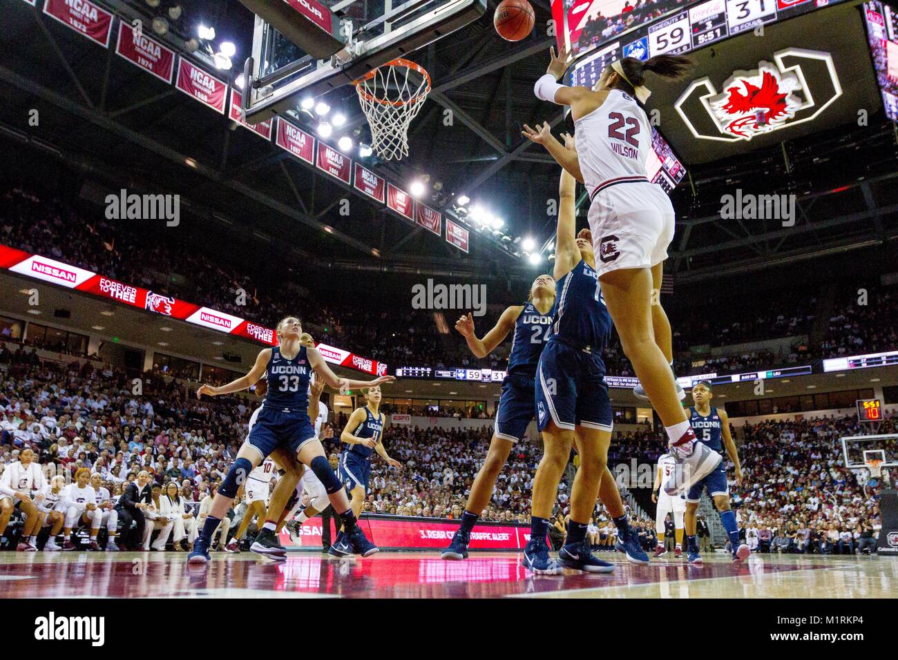 Columbia, SC, USA. 1st Feb, 2018. Connecticut Huskies forward Gabby Williams (15) defends the shot from South Carolina Gamecocks forward A'ja Wilson (22) in the SEC Womens Basketball matchup at Colonial Life Arena in Columbia, SC. (Scott Kinser/Cal Sport Media) Credit: csm/Alamy Live News Stock Photo