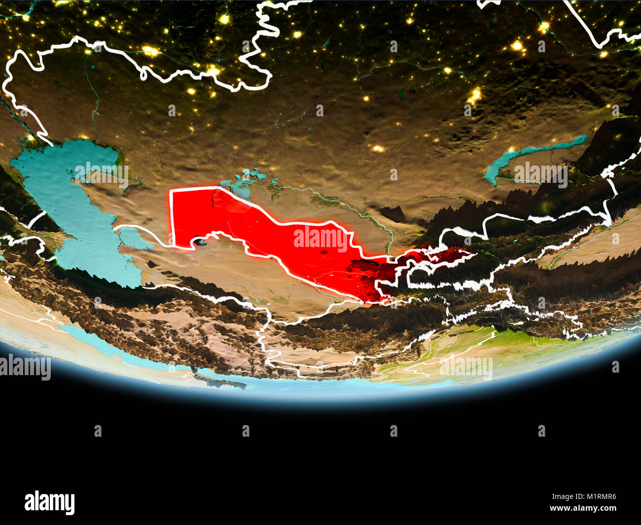 Country of Uzbekistan in red on planet Earth in the evening with
