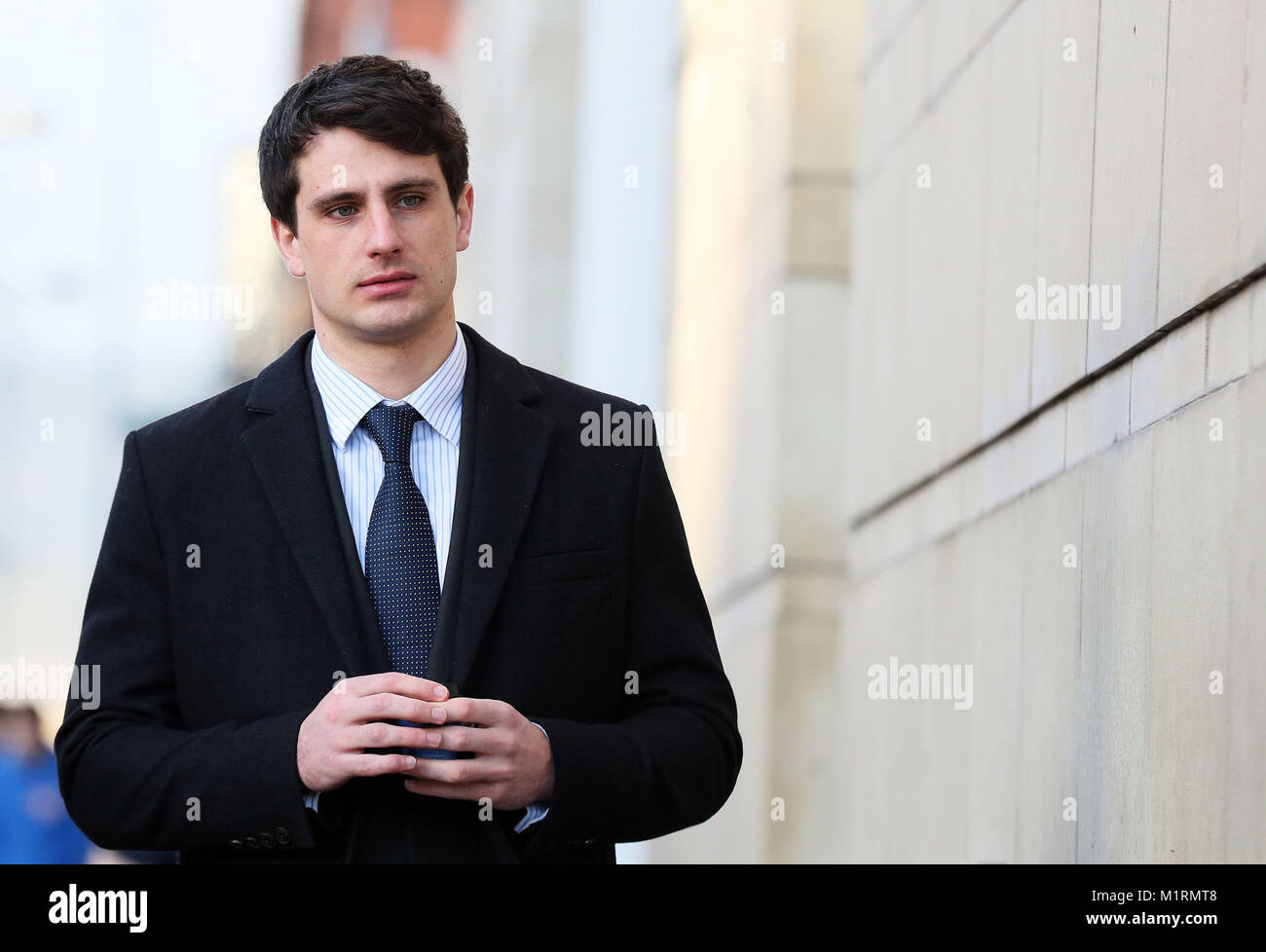 Blane McIlroy arrives at Belfast Crown Court where he is on trial accused of one count of exposure, in connection with an incident in which two Ireland and Ulster rugby stars are accused of raping a woman at a property in south Belfast in June 2016. Stock Photo