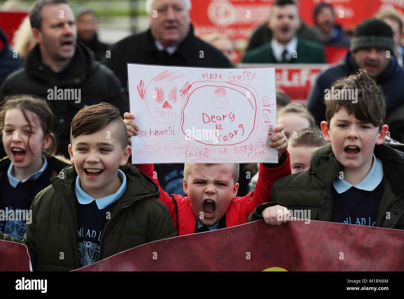 Irish language act campaigners, including pupils from Irish-medium schools across Northern Ireland, take part in a protest at Stormont parliament buildings in Belfast, ahead of a meeting with Northern Ireland Secretary Karen Bradley. Stock Photo