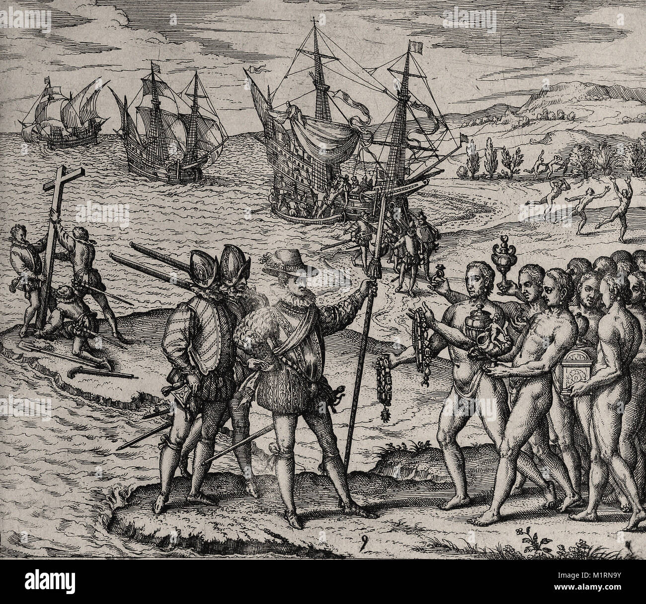 Theodor de Bry - Columbus, as he first arrives in India, is received by ...