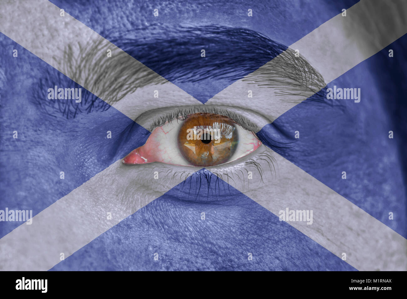 Human face and eye painted with flag of Sacotland Stock Photo