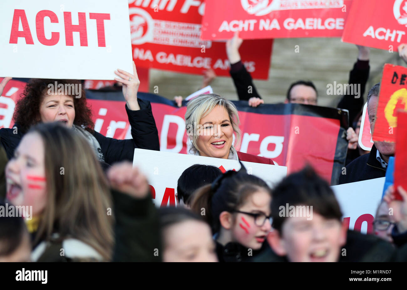 Sinn Fein leader in Northern Ireland Michelle O'Neill joins Irish language act campaigners, including pupils from Irish-medium schools across Northern Ireland, take part in a protest at Stormont parliament buildings in Belfast, ahead of their meeting with Northern Ireland Secretary Karen Bradley. Stock Photo