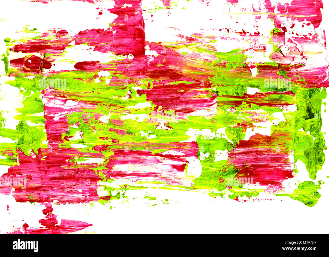 Vivid pink and green paint spread abstractly across white paper background Stock Photo